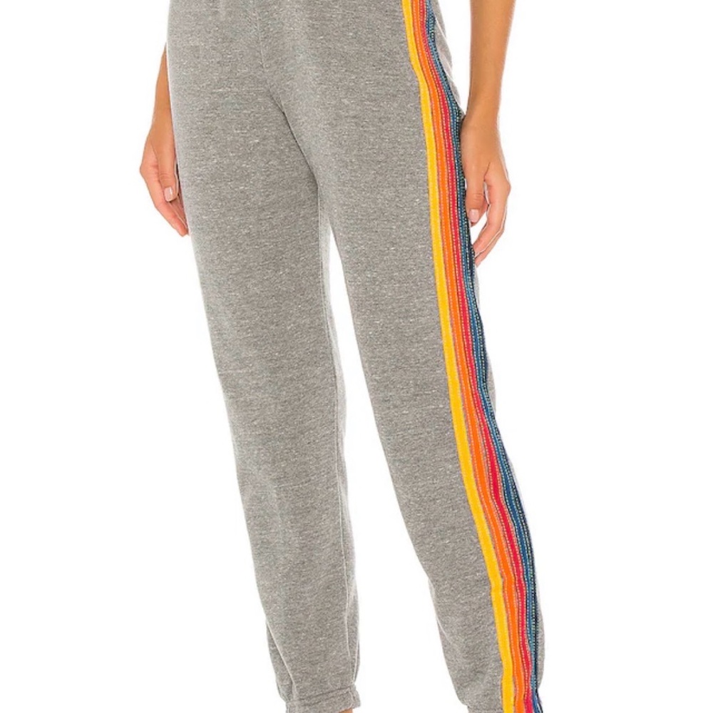 Aviator Nation Gray Track Pants with Rainbow Stripes